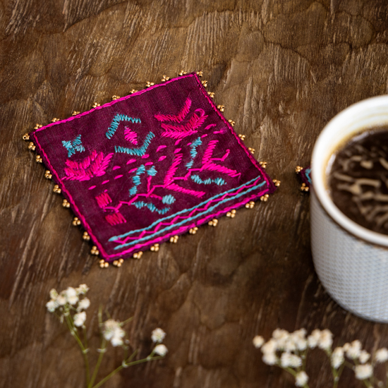 Maroon Coaster Set Detailing With Phulkari Work 2 PC