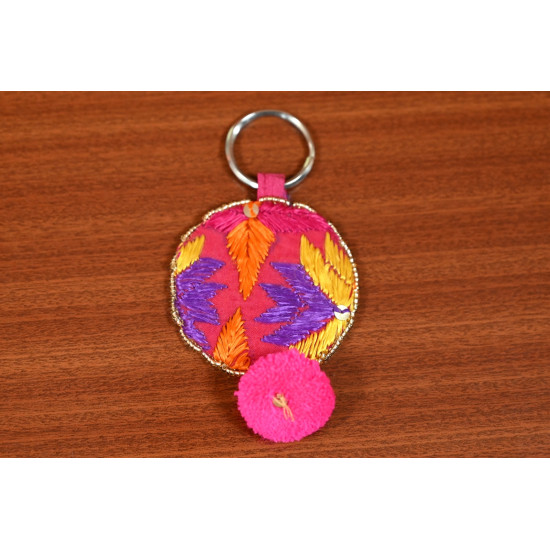 Key Chain With Phulkari And Pom Pom Detailing