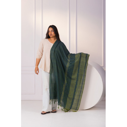 Phulkari Embroidered Green Dupatta Woven Tasseles