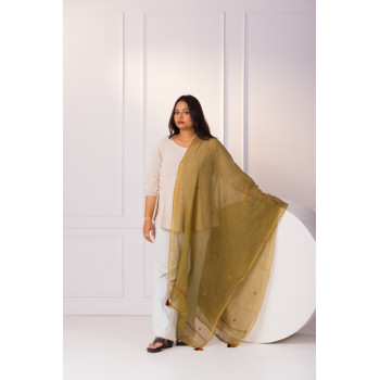 Olive Green Chanderi Dupatta With Hand Tasseles