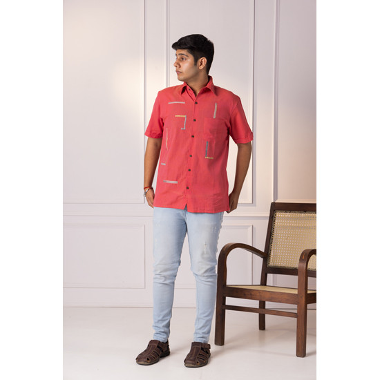 Coral Red Embroidered Men's Shirt