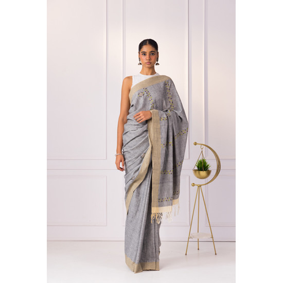 Grey Phulkari Embroidered Melange Saree