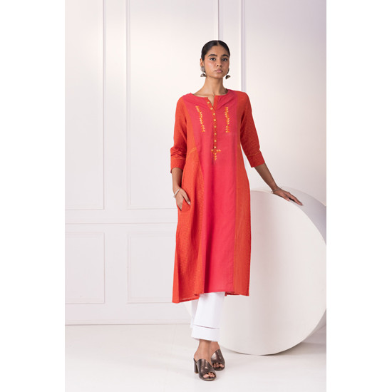 Coral Red Phulkari Embroidered Zari Check Kurta