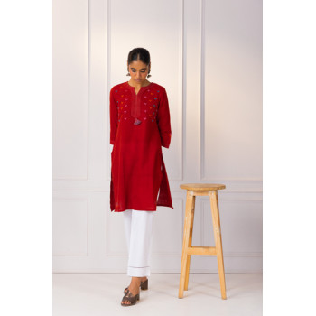 Madder Red Phulkari Embroidered Khadi Kurta